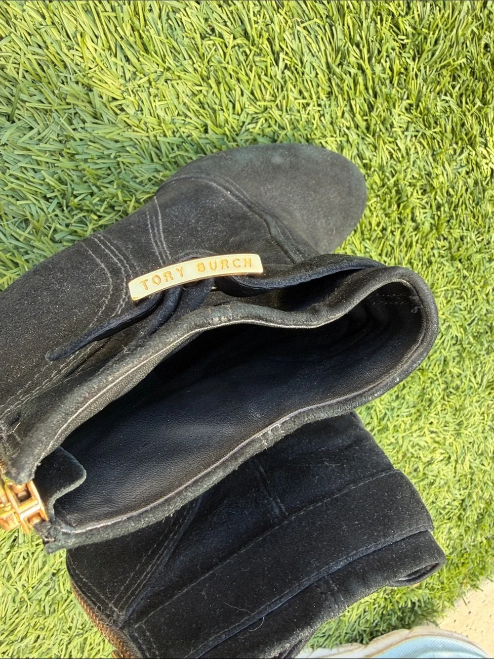 Tory Burch Black Suede Wedge Ankle Booties with Gold Buckle - Picture 4 of 5